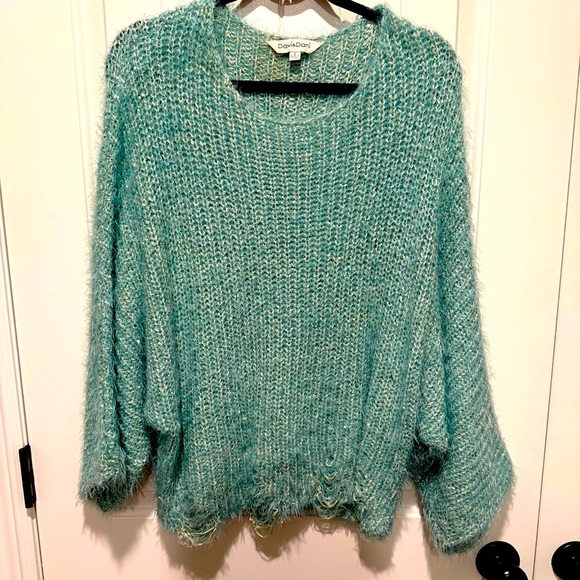 DAVI & DANI Teal Fuzzy Knit Sweater with Sequin Accents and distressing - Picture 1 of 6